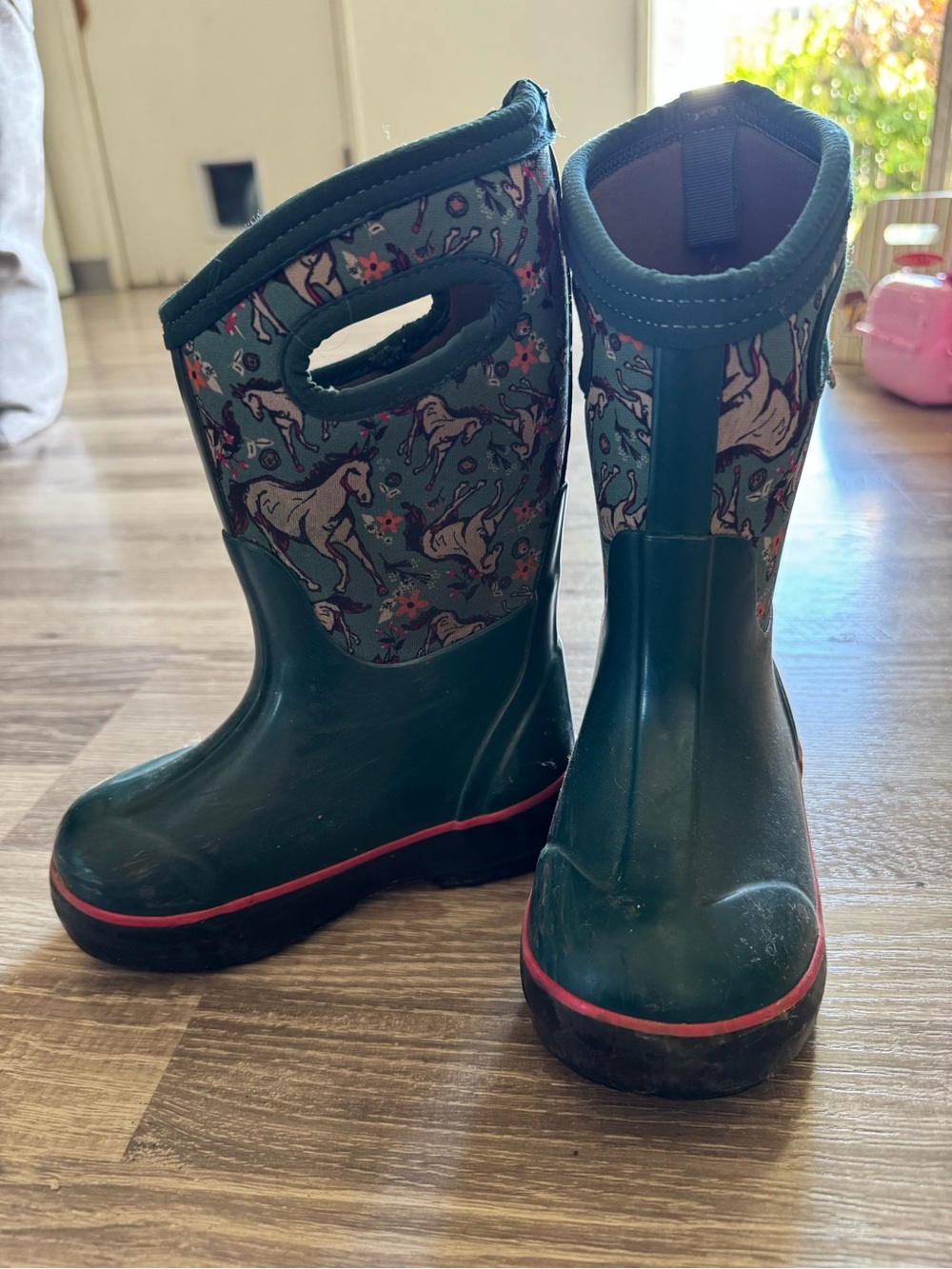 Bogs Kids Green Unicorn Print Rain Boots with Pink Trim 10